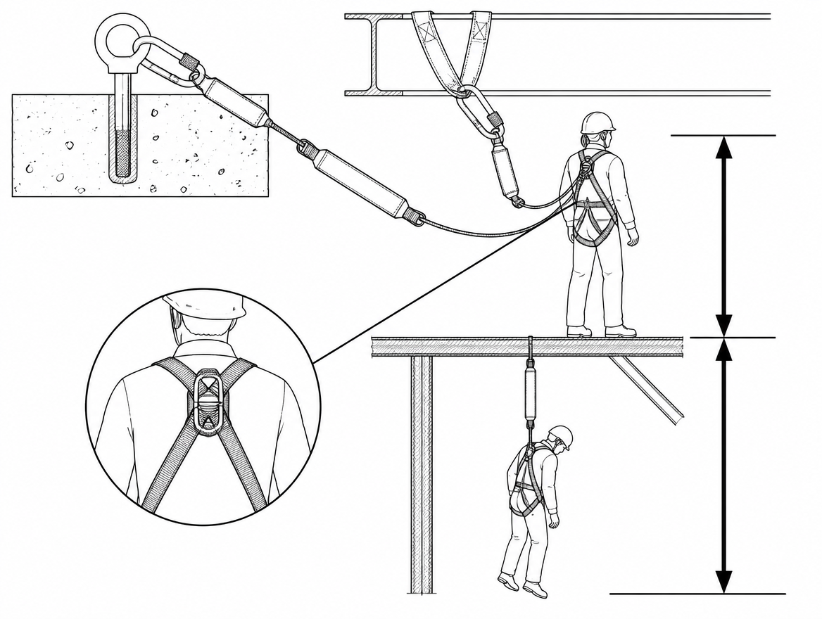 An energy-absorbing lanyard is the most commonly issued piece of fall-arrest connecting equipment on European sites, and the most commonly misused. Get the anchor height, the clear