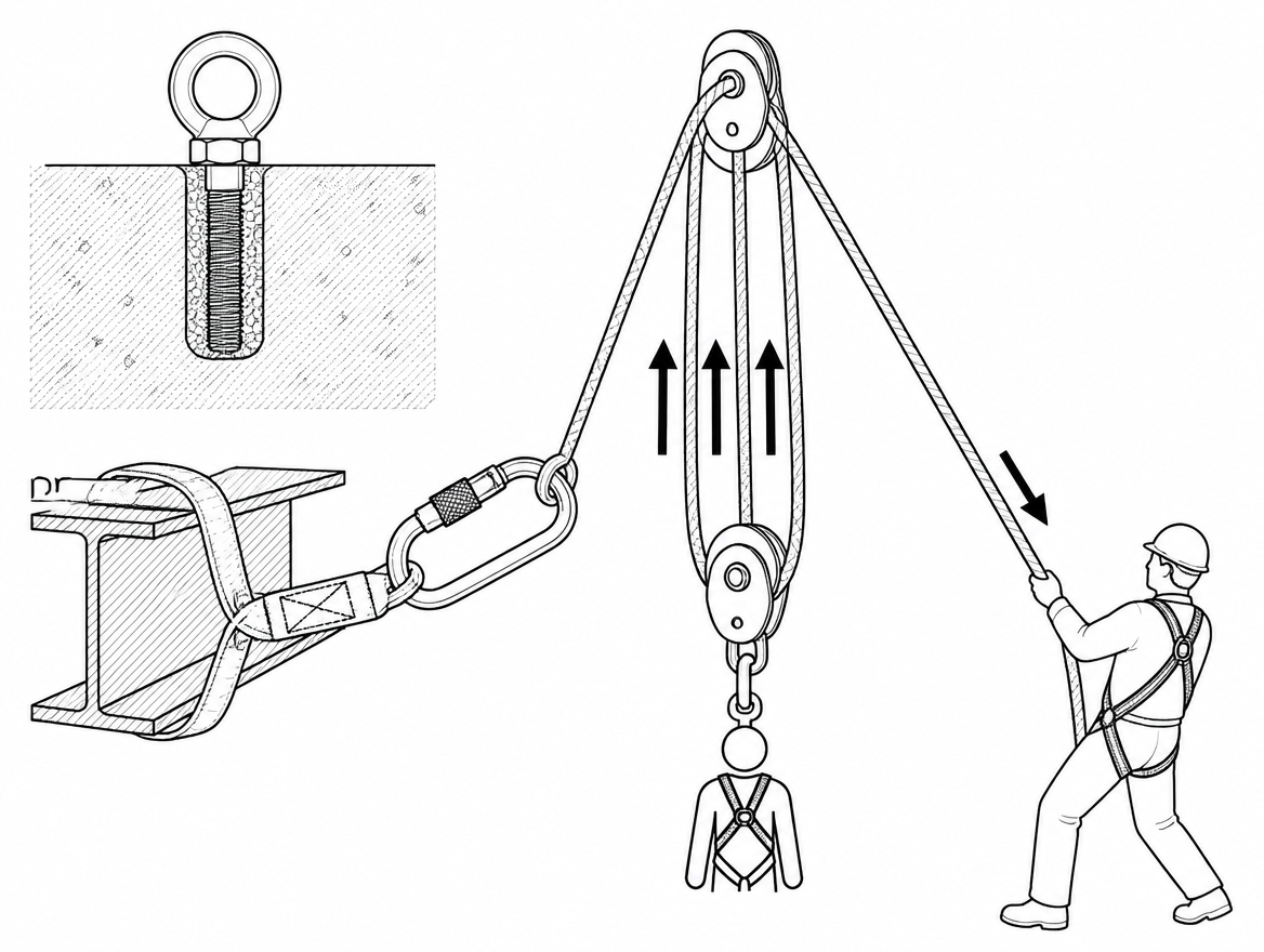 Simple 3:1 (Z-rig): three strands act on the travelling side, so TMA is 3:1 — the anchor pulley itself adds no advantage.