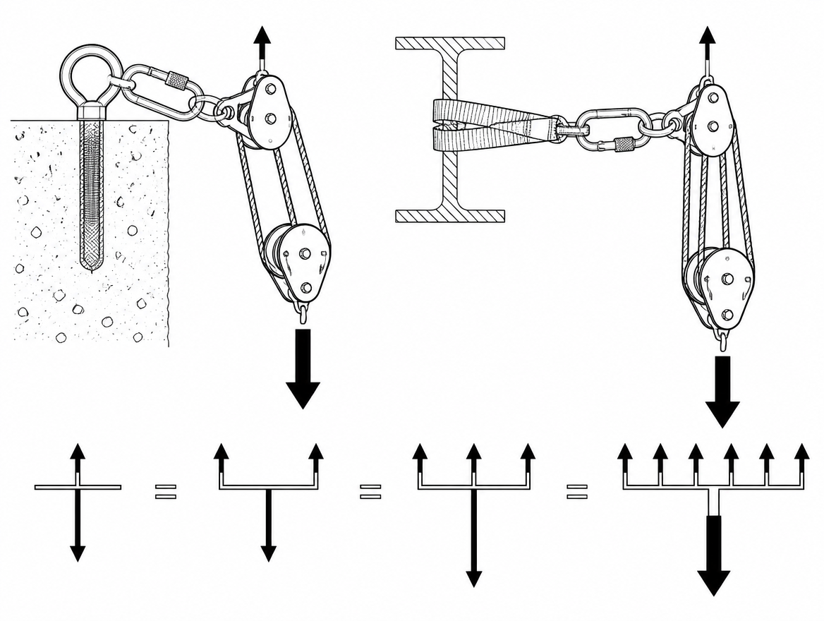 Compound 2:1 on 3:1 = 6:1; arrow thickness shows tension multiplying stage by stage, verified with the T-method.
