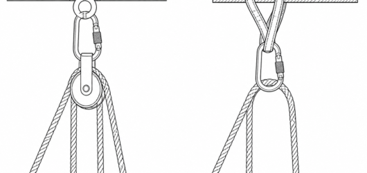 Left: rope on a bearing pulley, typically around 95% efficient. Right: rope over a carabiner, typically 50–60% — a rigged 3:1 then delivers roughly 1.