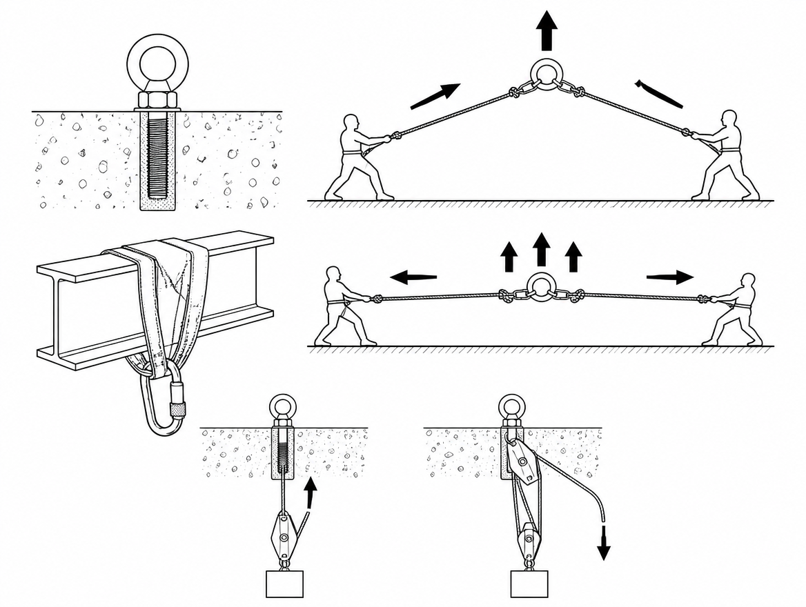 The anchor sees the resultant of every strand on it — narrow angles approach the sum of the tensions, and the holding phase loads the anchor more than the hauling phase.