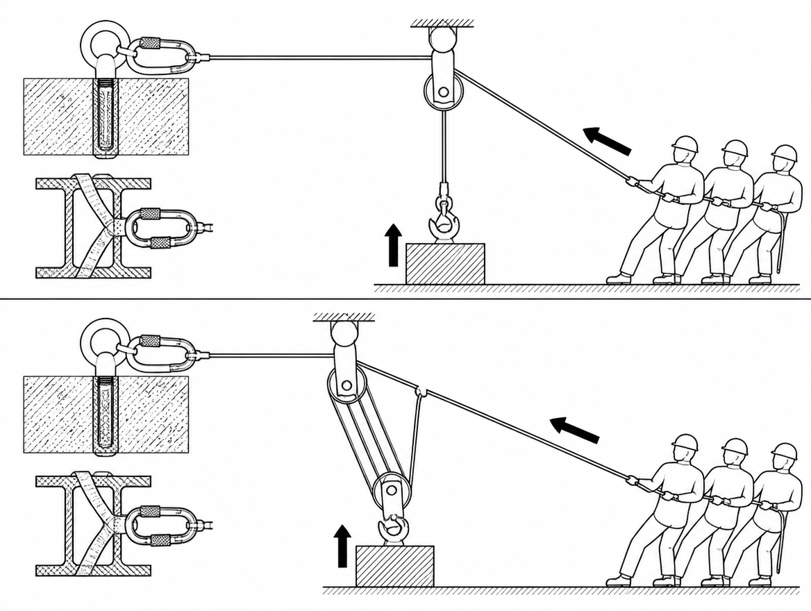 A mechanical advantage calculation answers two separate questions, and only one of them is about pulling. The first is whether the crew on the haul line can move the load at all. T