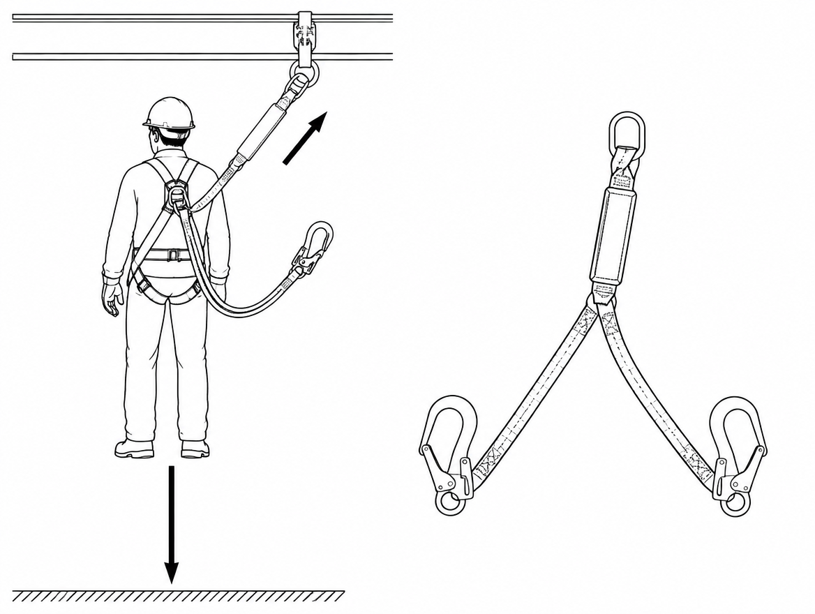 Twin-leg lanyard anatomy: one energy absorber, two arms — only one arm is meant to be loaded at a time.