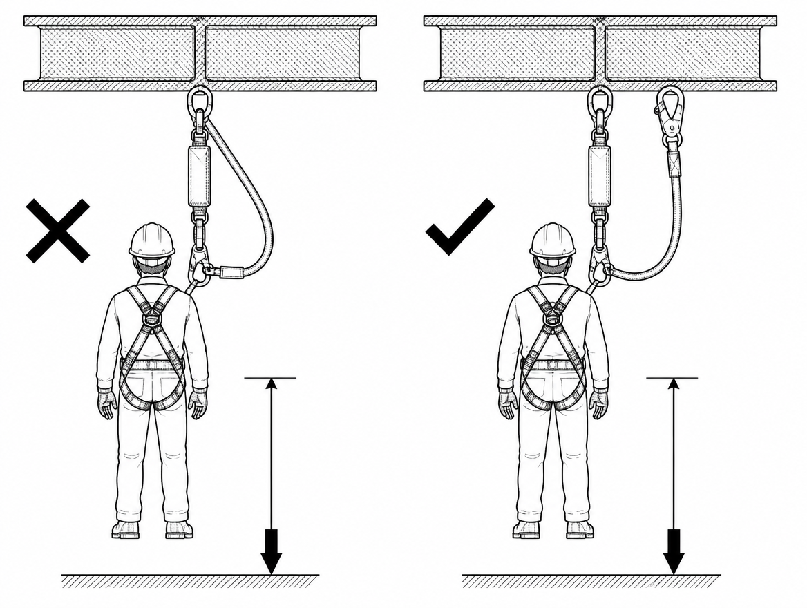 Incorrect: hooking the spare arm to the absorber short-circuits it, so arrest force is no longer limited to 6 kN.