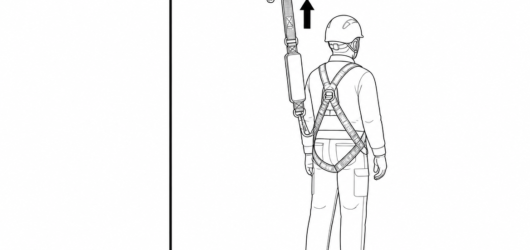 Correct: parked high on the dedicated keeper, gate closed, webbing routed clear of the energy absorber.