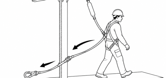 Incorrect: a dangling arm snags on structure, swings at knee height and trails across the walking surface.