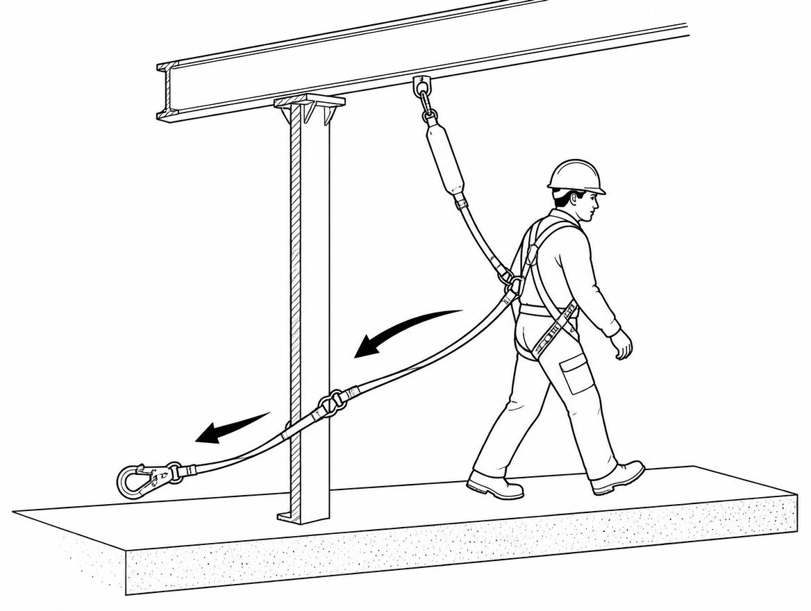 Incorrect: a dangling arm snags on structure, swings at knee height and trails across the walking surface.