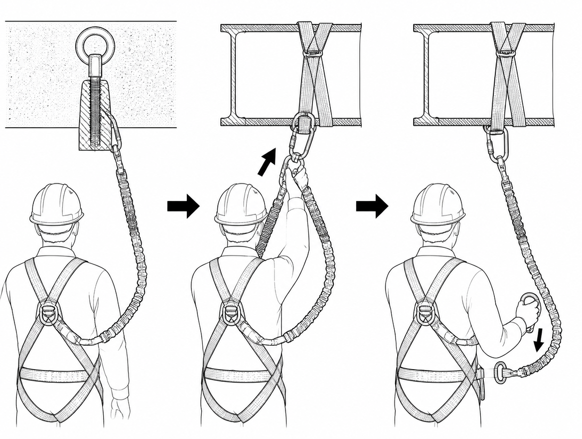 Transfer sequence: connect the parked arm to the next anchor, release the first arm, then park it immediately.