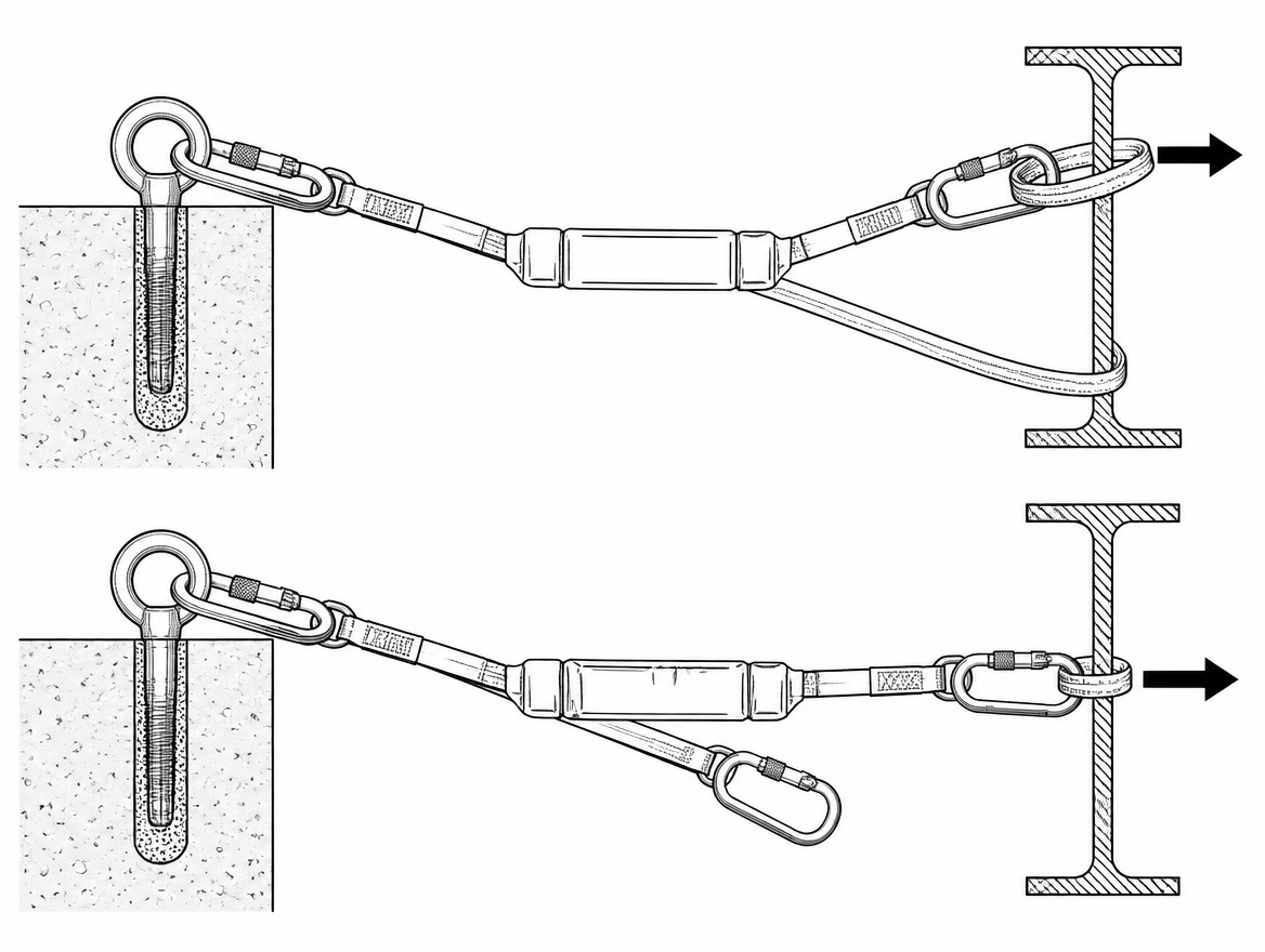 On a twin-leg lanyard, the arm that is not connected to an anchor is doing something whether anyone intends it to or not. Parked on the wrong point, it becomes a load path that can