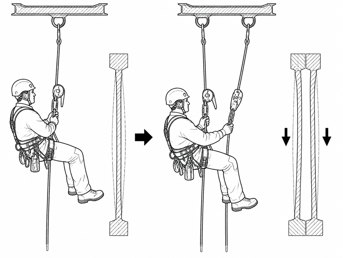 Splitting the load between two tensioned lines roughly halves the tension in each rope, and with it the elongation at the load.