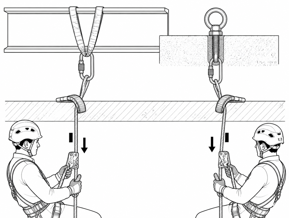 Correct dual-tension layout: independent anchors, one operator per device, and separate edge protection for each rope .
