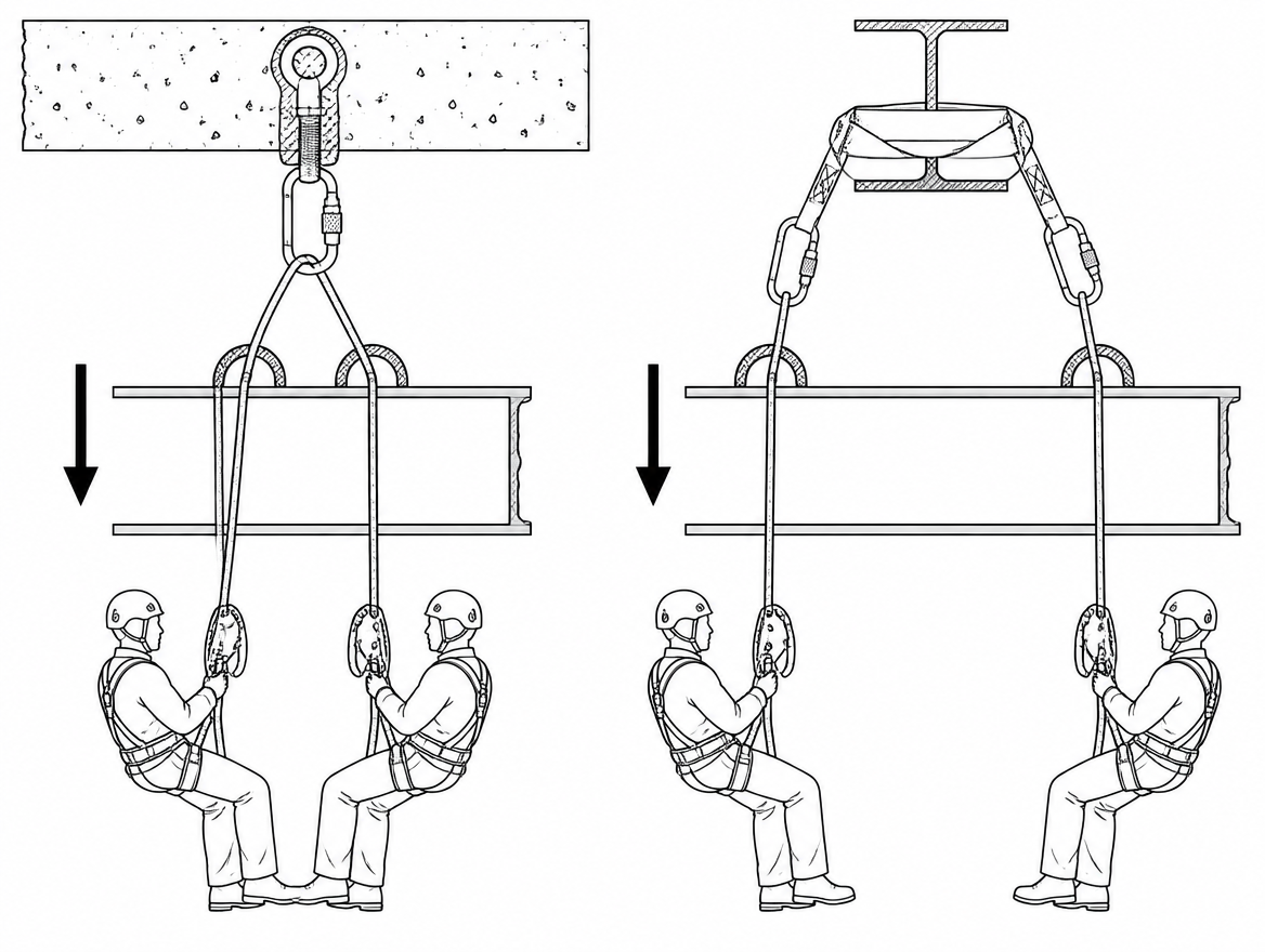 Incorrect (left): shared anchor and shared edge protection create a single failure point. Correct (right): fully independent rope paths.
