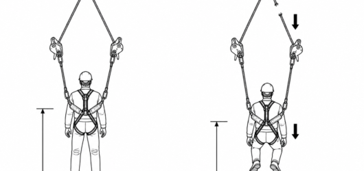 With both lines tensioned, a failure produces a short stretch-limited settle rather than a fall arrested by a slack line.