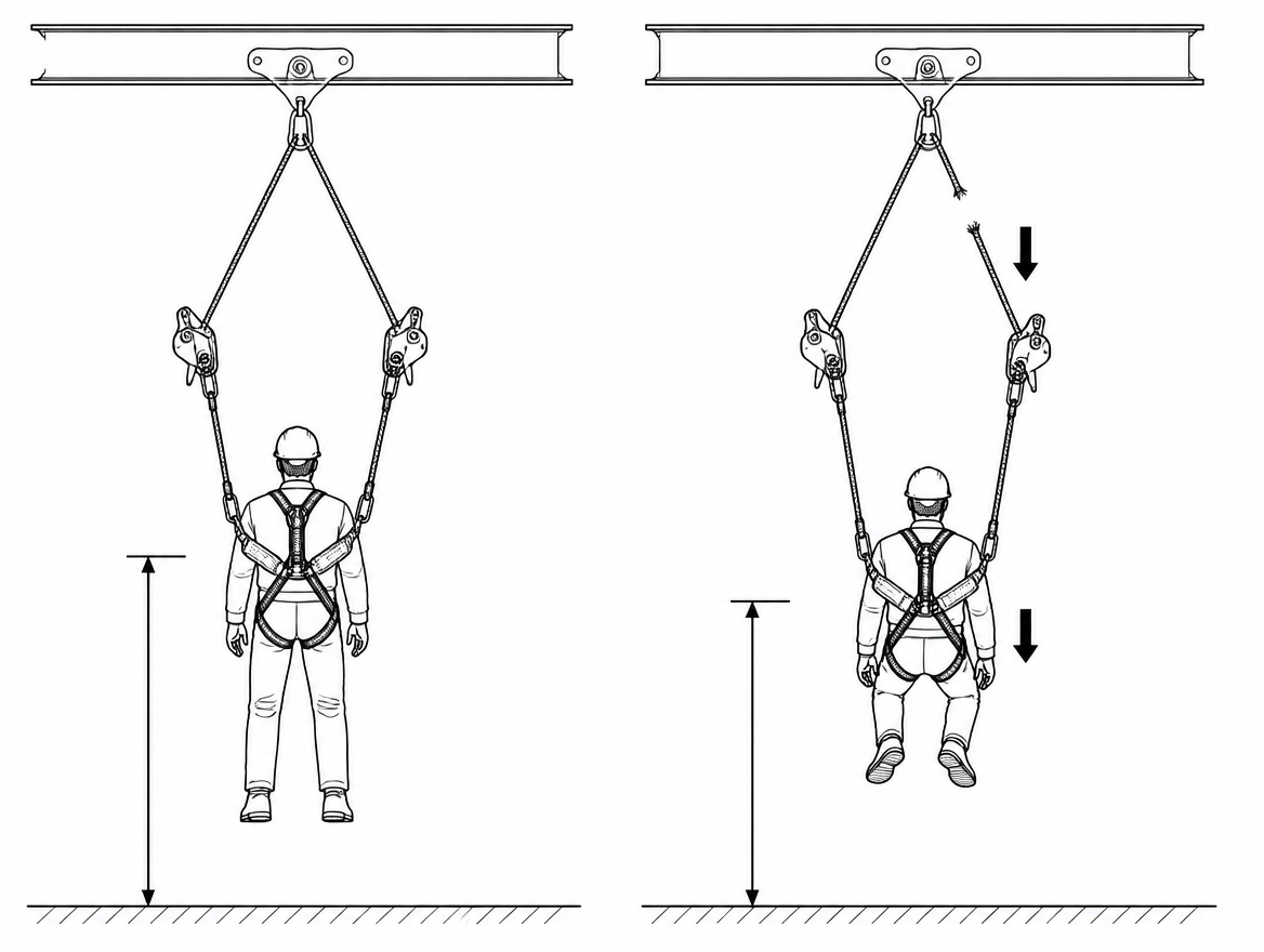 With both lines tensioned, a failure produces a short stretch-limited settle rather than a fall arrested by a slack line.
