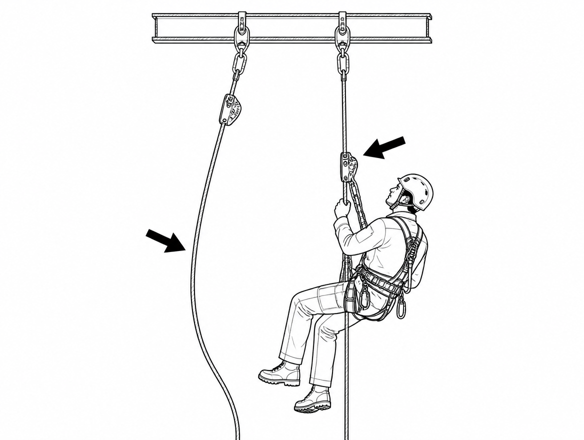 A visible bow in one rope means that line is unloaded and the other is carrying the full load — the edge attendant's key check.