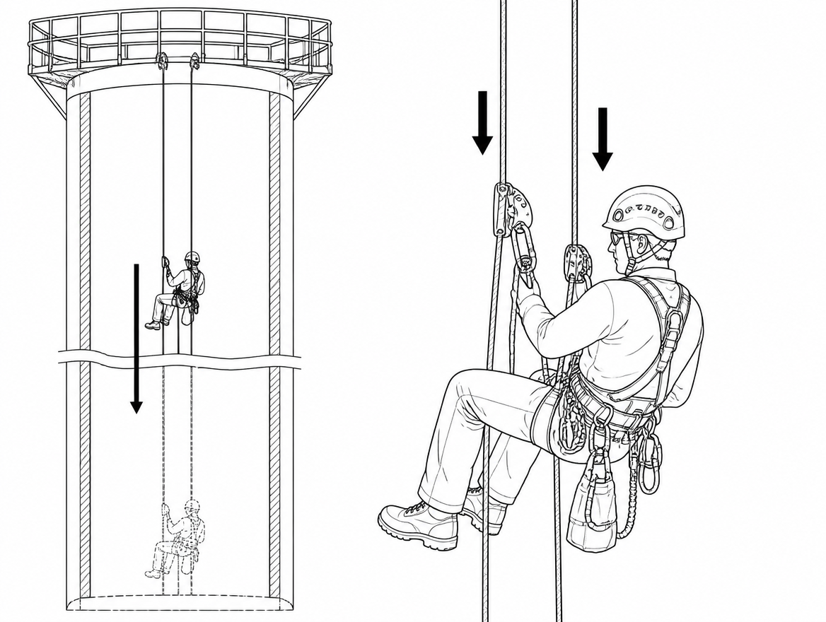 On a long lower — a 60 m shaft, a silo, a turbine tower, a rescue package coming off a high-level walkway — rope stretch stops being a technical footnote and becomes an operational