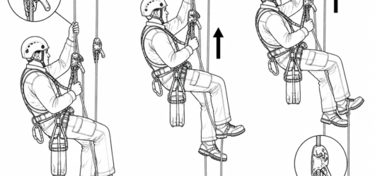 Short ascent: the descender stays on the working line, so no system change is needed to resume descent or work positioning.