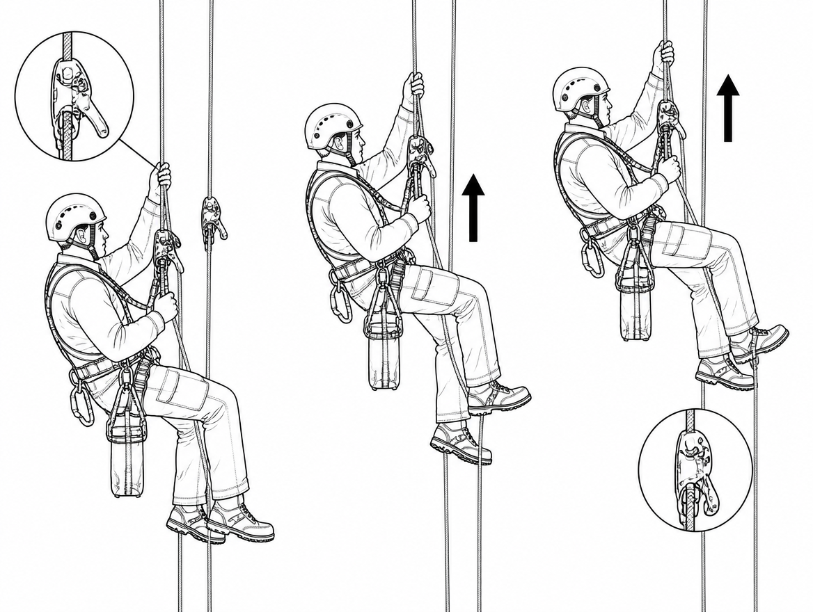 Short ascent: the descender stays on the working line, so no system change is needed to resume descent or work positioning.