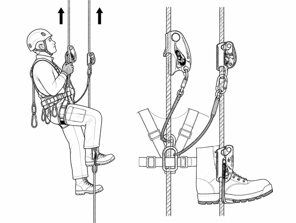 Frog system: the chest ascender holds position and keeps the torso upright while the legs do the work &mdash; the default for sustained ascents.