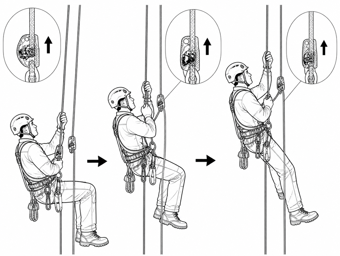 Correct: the safety-line device is advanced with every cycle and the connection kept short. Slack above the device lengthens the fall and raises arrest force.