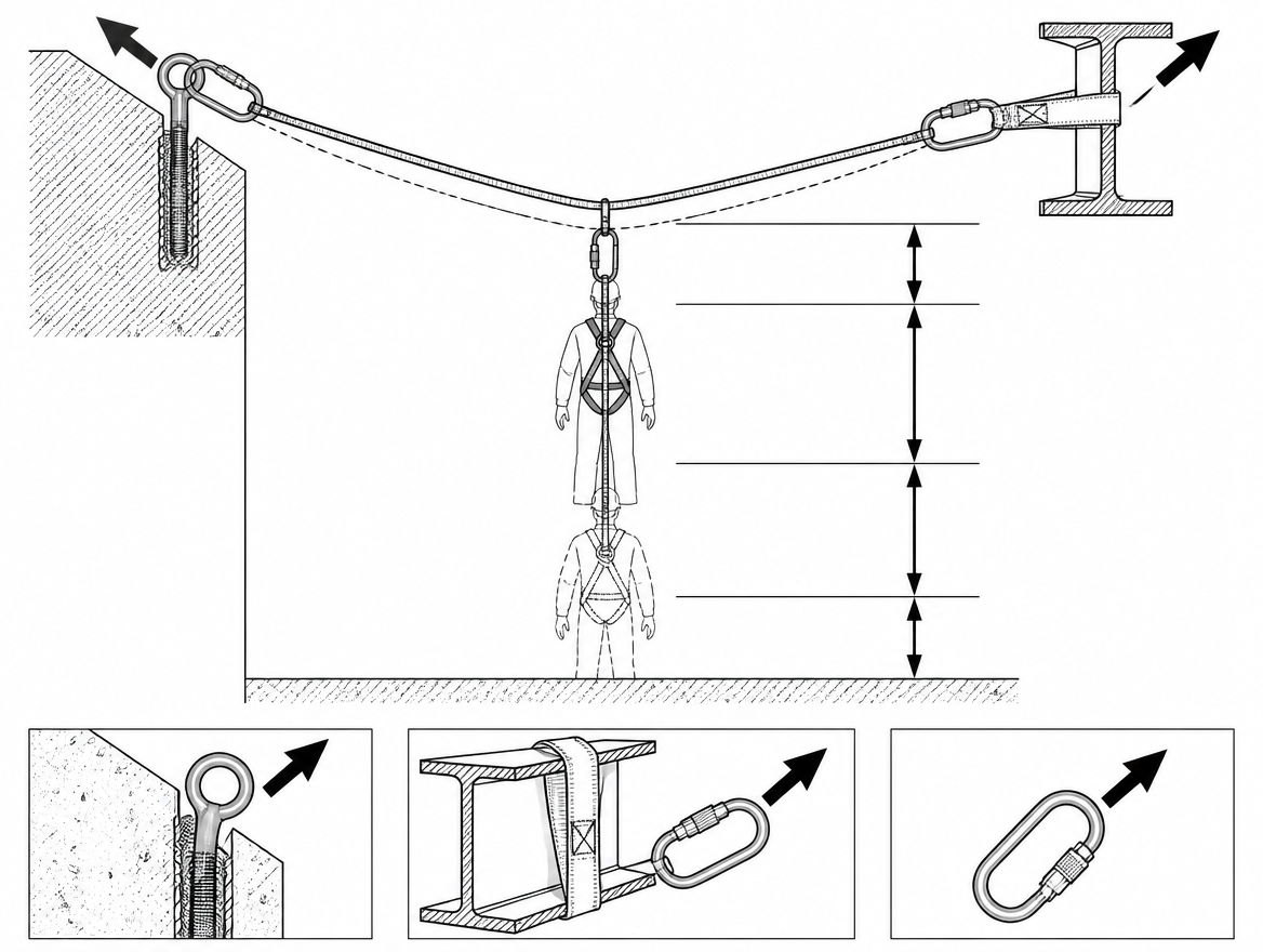 Deflection of an EN 795 Type C line adds to the required clearance, and the end anchors see forces well above the arrest force at the harness.