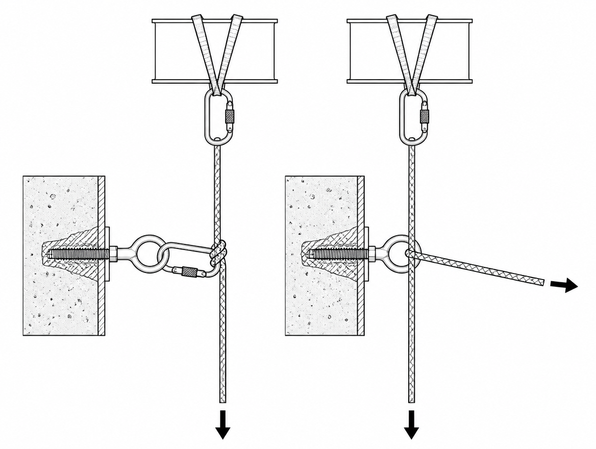 Re-belay (left): the rope terminates at the intermediate anchor and a separate lower section hangs from it. Deviation (right): one continuous rope is redirected sideways.