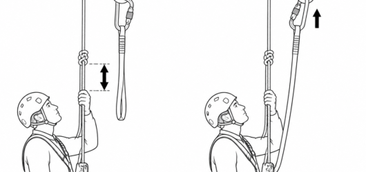 Step 1 and 2: stop roughly a hand's width below the anchor knot, then clip the short lanyard into the anchor point itself, not into the rope loop.