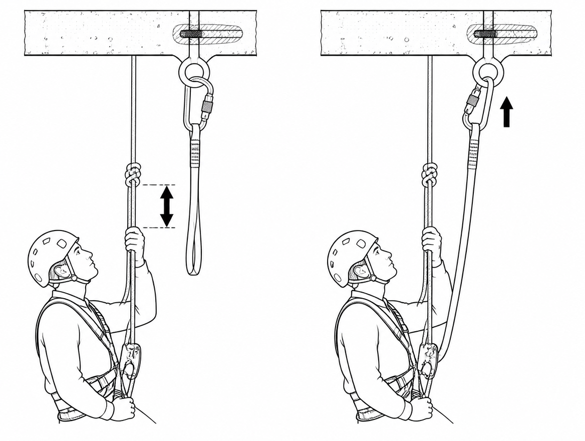 Step 1 and 2: stop roughly a hand's width below the anchor knot, then clip the short lanyard into the anchor point itself, not into the rope loop.