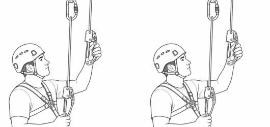 Mid-transfer: the handled ascender is established on the upper rope before the chest ascender is removed from the lower rope, so two attachments are a