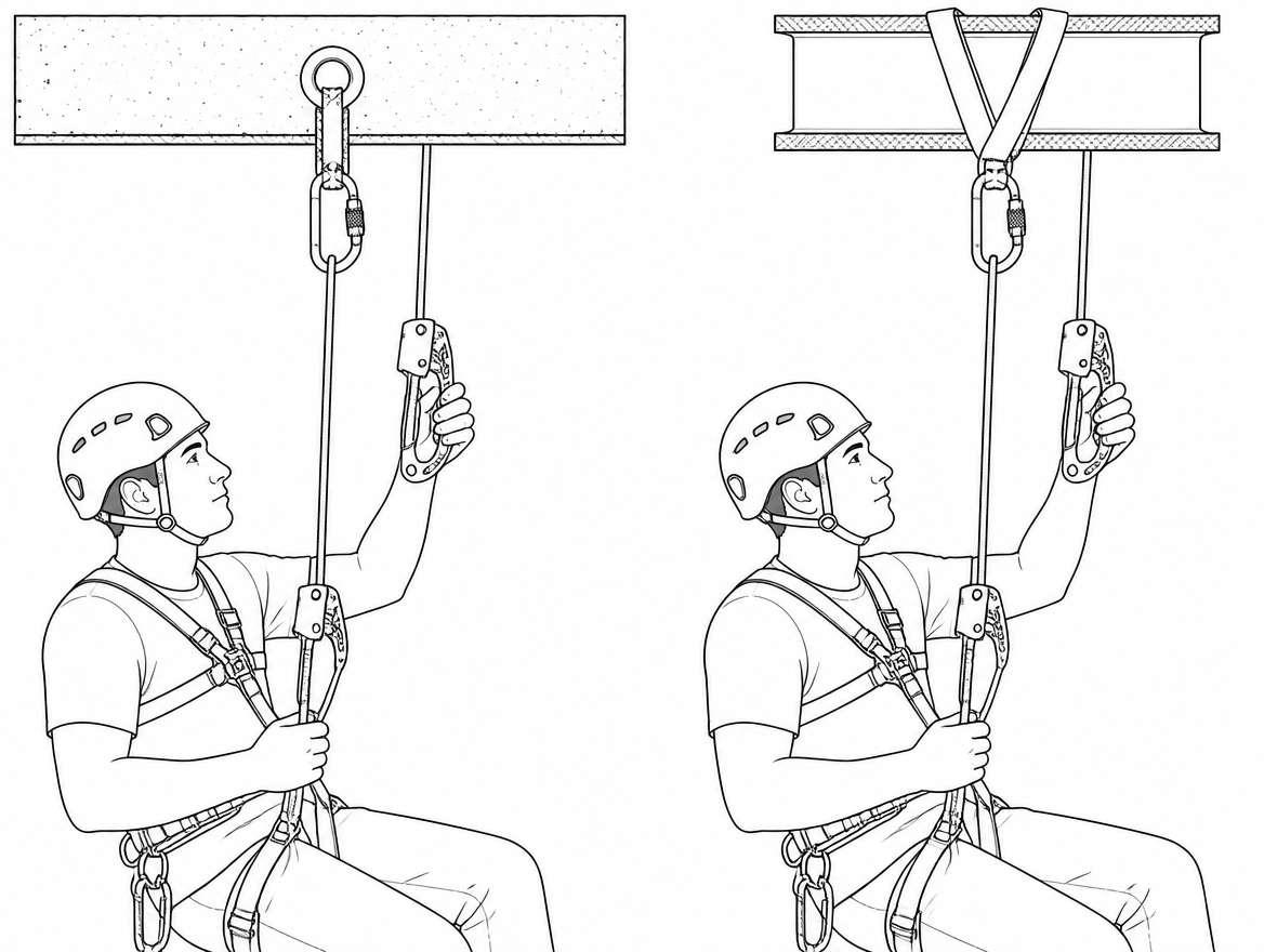 Mid-transfer: the handled ascender is established on the upper rope before the chest ascender is removed from the lower rope, so two attachments are always live.