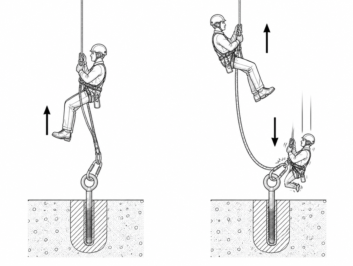 Correct (left): stay only as high above the anchor as the transfer requires. Incorrect (right): excess height and lanyard slack create a severe short-fall onto the lanyard.