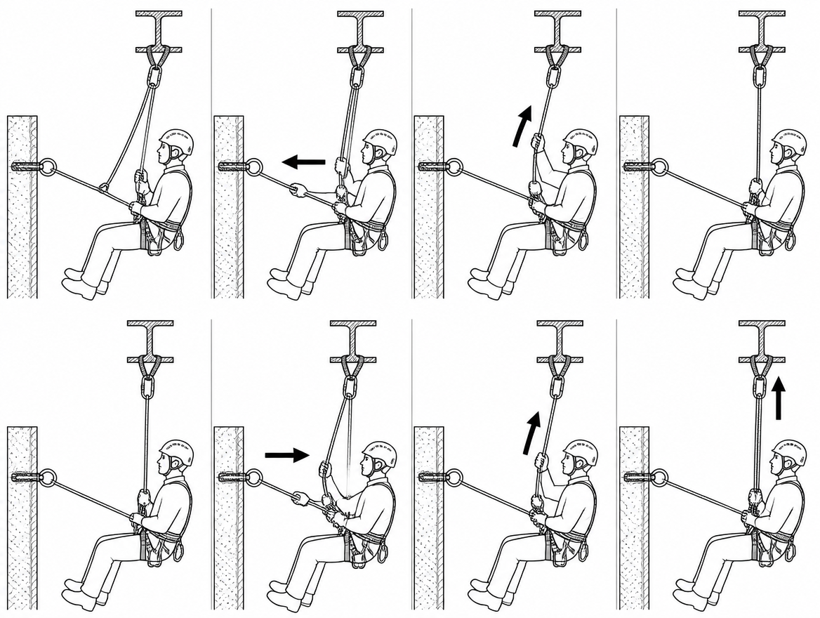 Working line and safety line are re-belayed on separate anchors and transferred one at a time; the back-up device is reset high to remove slack.