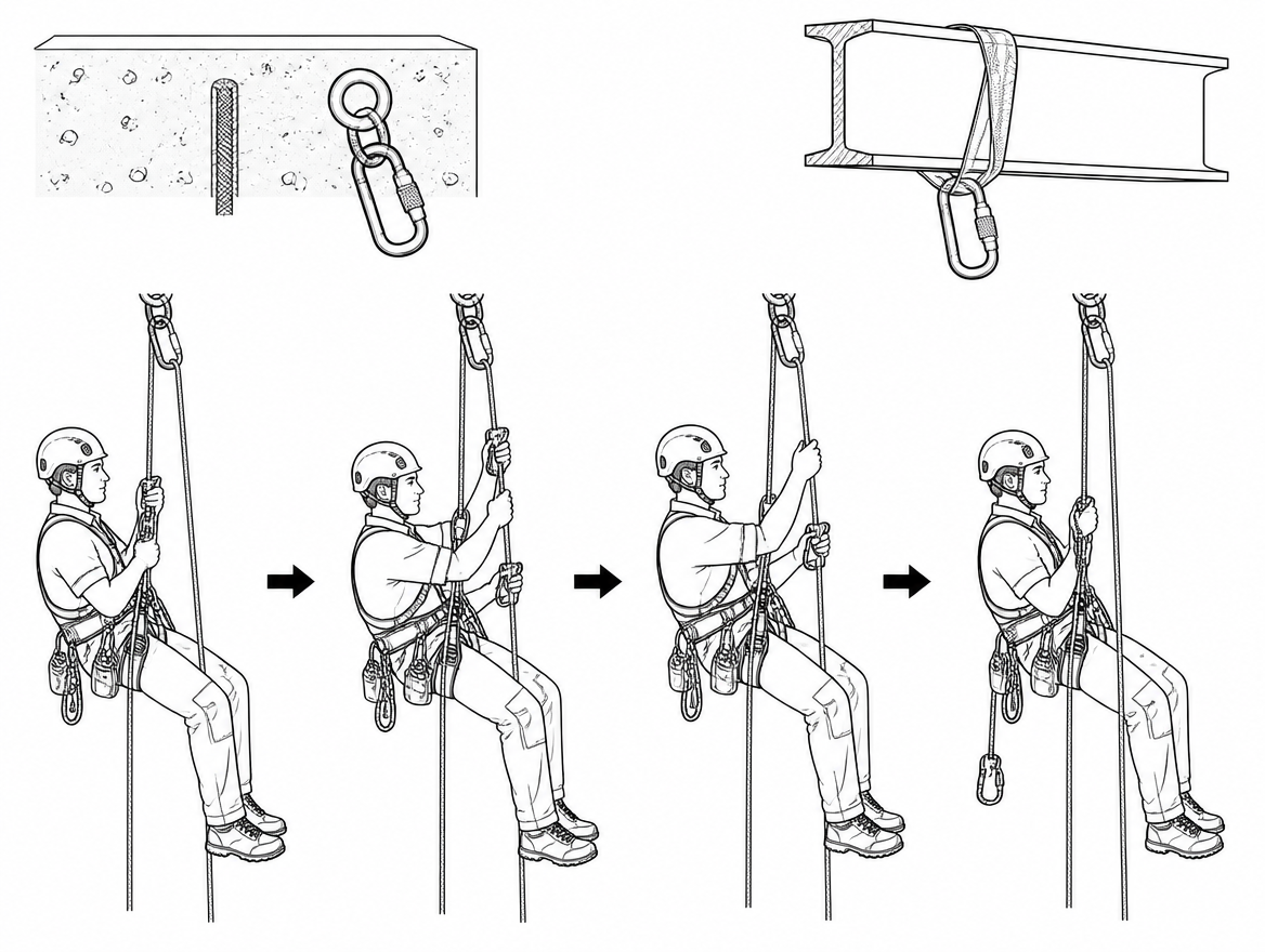 A re-belay is the point on a rope where most ascent incidents have room to happen. For a few seconds, the technician has to take working devices off one rope and put them onto anot