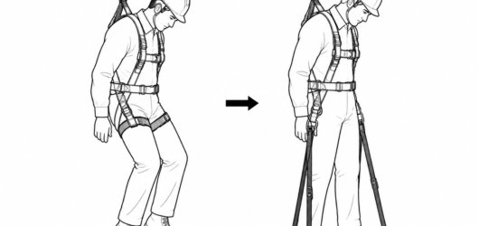 Left: unsupported legs, leg straps loaded across the thighs. Right: relief straps deployed as a stirrup so the worker can stand and unload the leg str