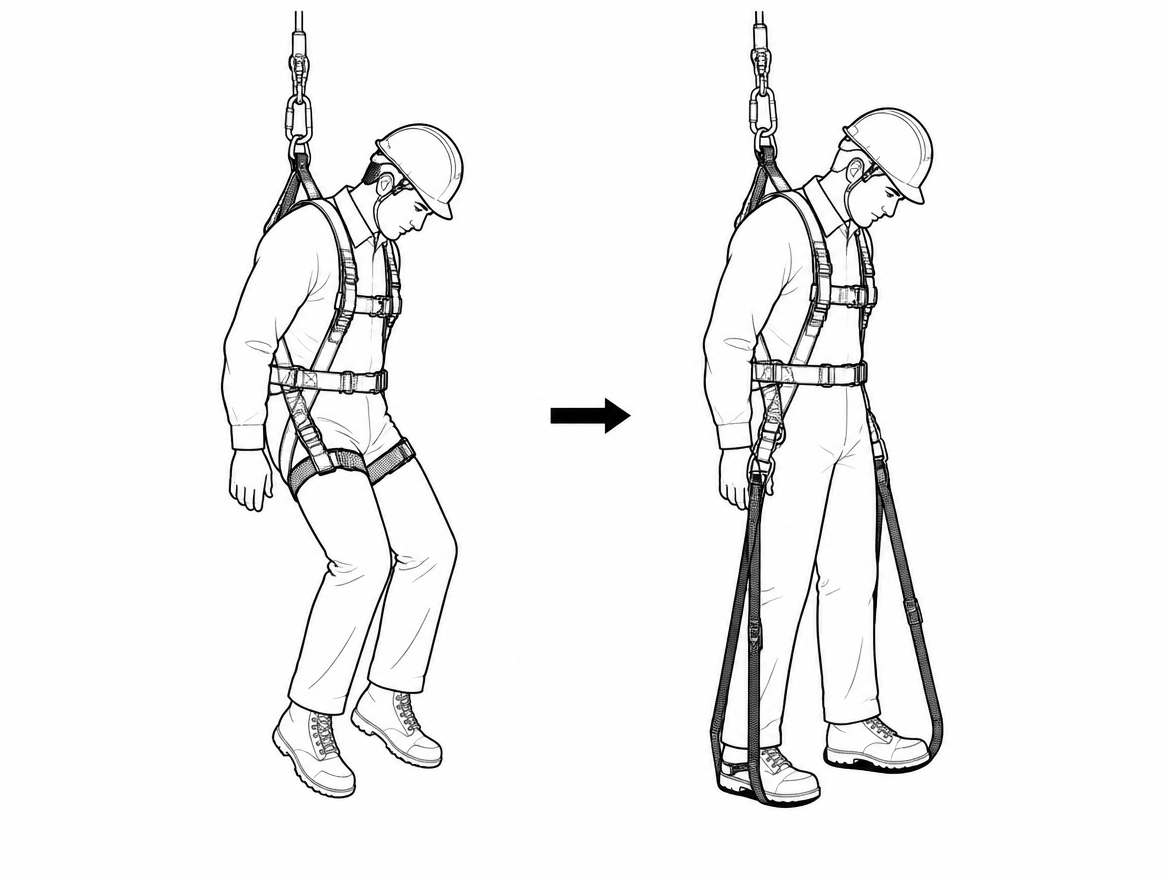 Left: unsupported legs, leg straps loaded across the thighs. Right: relief straps deployed as a stirrup so the worker can stand and unload the leg straps - a way to buy time, not a