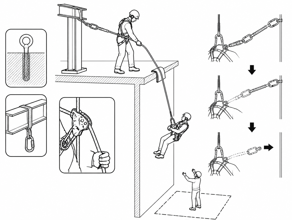 Controlled lowering with a descender to EN 341: rescuer on an independent anchor, edge protection under the rope, fall-arrest connection released only after load transfer, and a ch