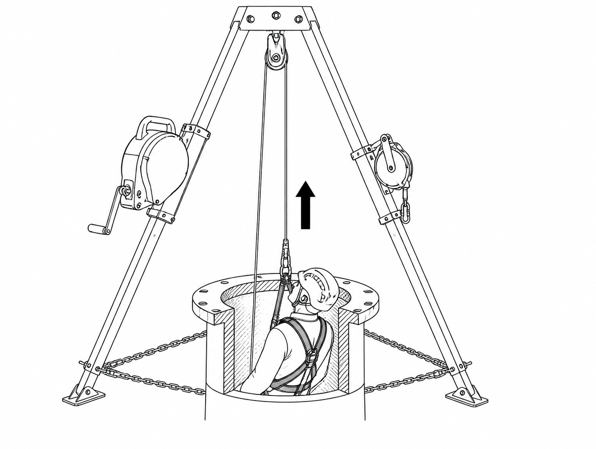 Where there is no clear space below, the casualty is raised: a retractable device with an integrated retrieval winch certified to EN 1496, mounted on a tripod over the opening.
