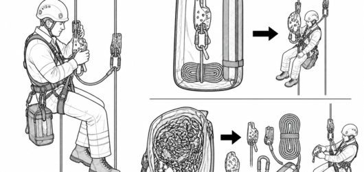 A rescue kit pre-rigged with the descender already installed on the rope and edge protection included beats a bag of loose components when the crew is