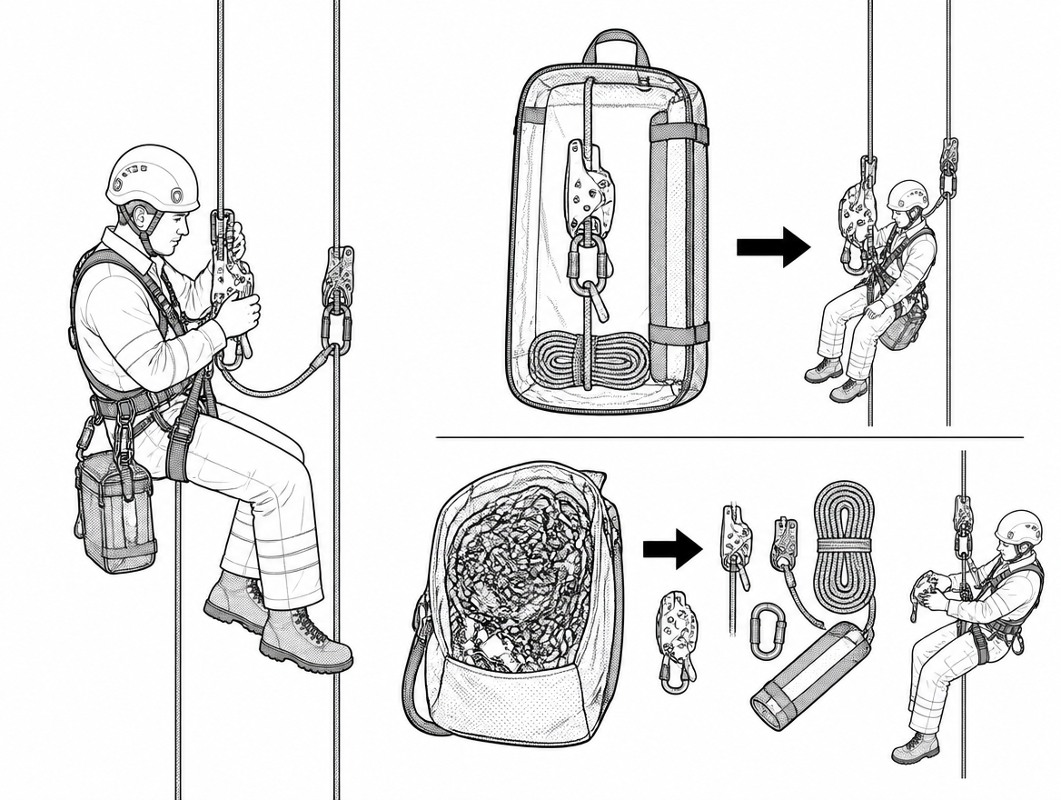 A rescue kit pre-rigged with the descender already installed on the rope and edge protection included beats a bag of loose components when the crew is working against the clock.