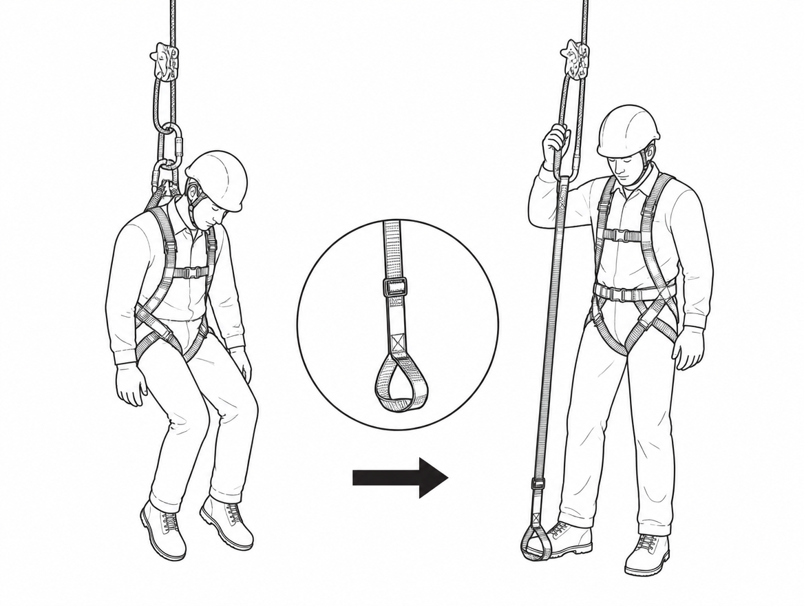 Correct: a conscious casualty deploys the suspension relief strap and stands, unloading the leg loops while the rescue is rigged.