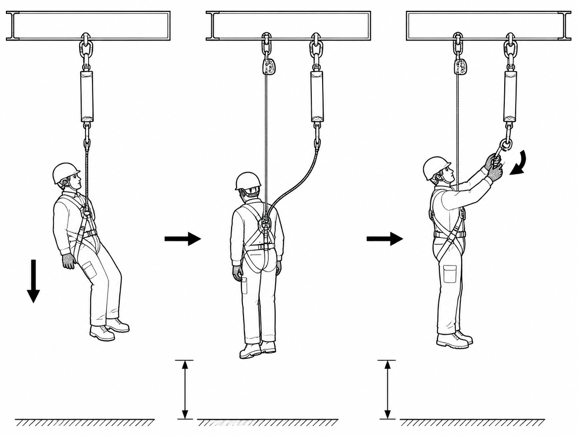 A loaded fall arrester or backup device can only be opened after the weight is fully carried by an independent load path and the device is visibly slack.