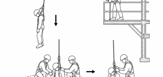 The casualty is disconnected only once fully supported on the ground, inside a cleared and attended landing area.