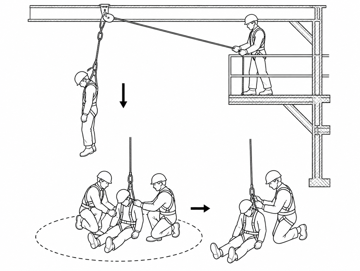 The casualty is disconnected only once fully supported on the ground, inside a cleared and attended landing area.