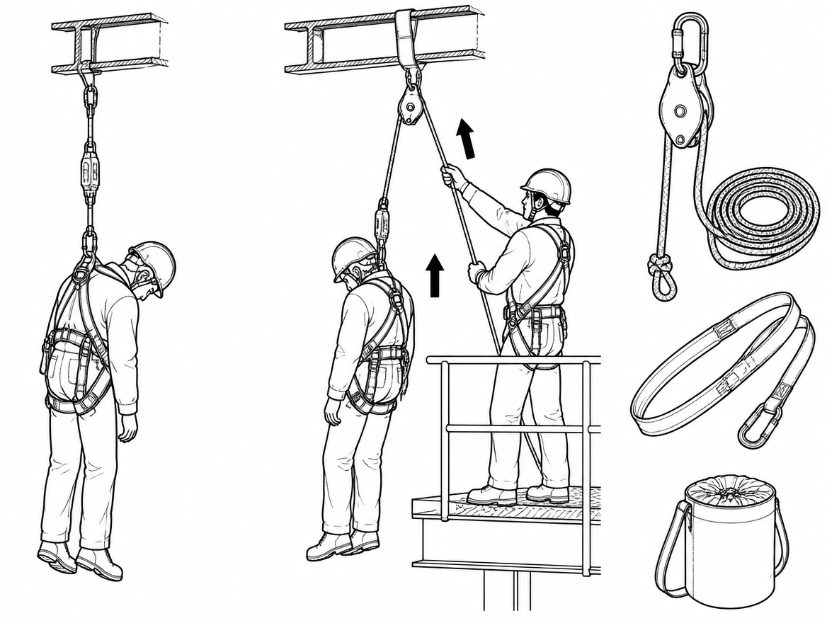 A worker whose fall has been arrested is not safe. They are alive, and they are hanging in a harness, motionless, with their body weight concentrated in the thigh straps and their 