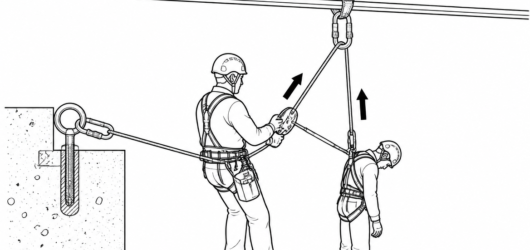 The arrested worker is suspended and immobile; the rescuer works from a separate, independent anchor rather than the loaded one.