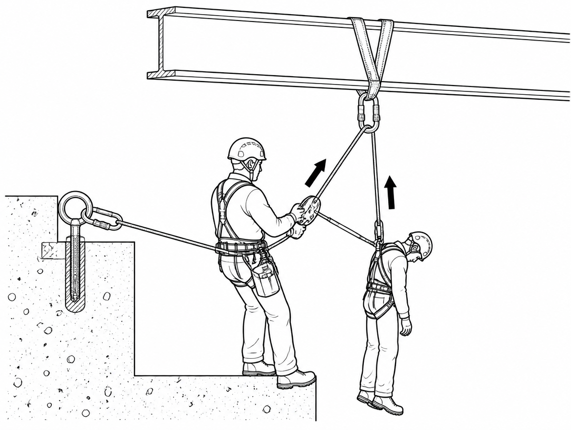 The arrested worker is suspended and immobile; the rescuer works from a separate, independent anchor rather than the loaded one.