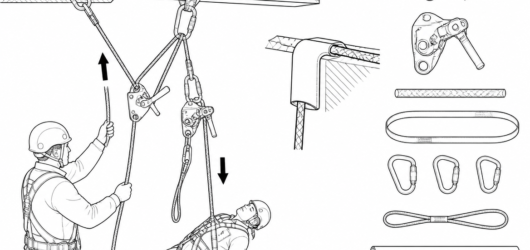 A typical kit: EN 341 descender, EN 1496 lifting device, EN 1891 Type A rope, EN 795 anchor sling, EN 362 connectors, rescue loop, edge protection and