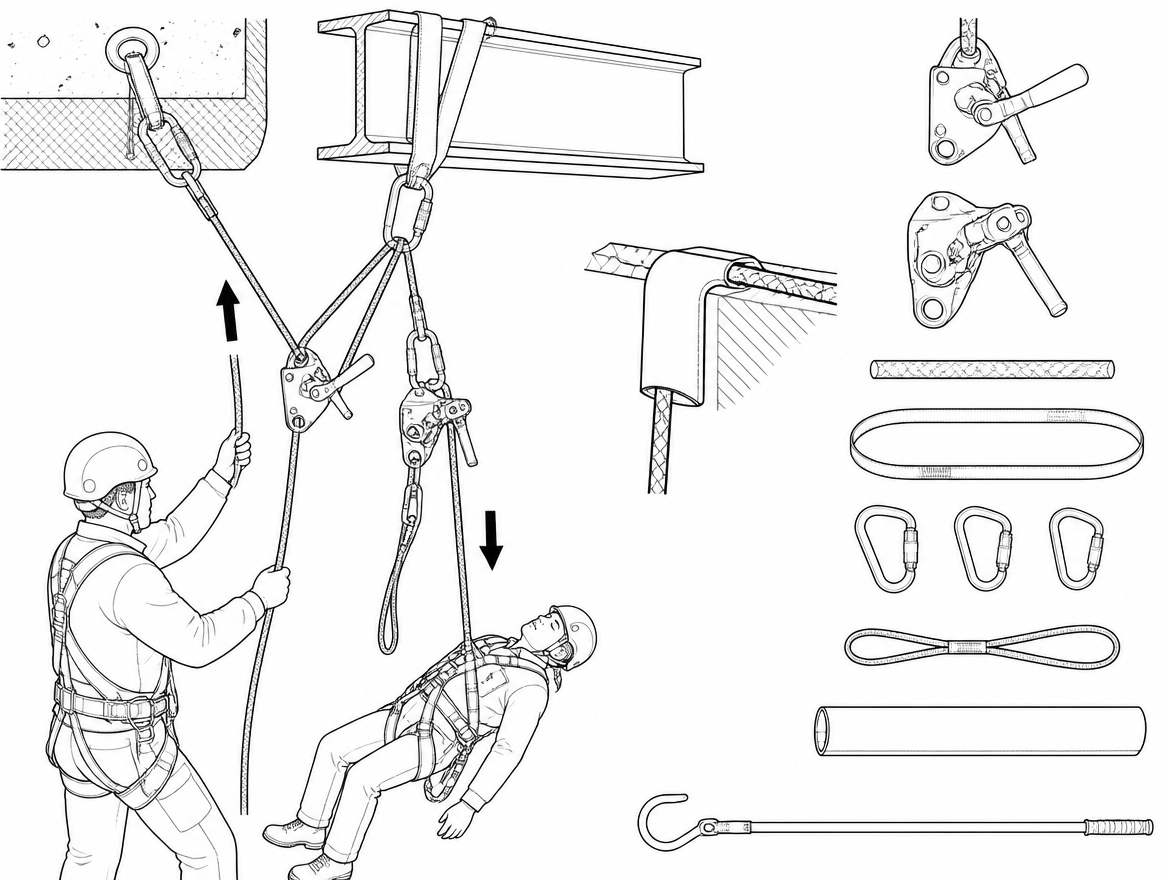 A typical kit: EN 341 descender, EN 1496 lifting device, EN 1891 Type A rope, EN 795 anchor sling, EN 362 connectors, rescue loop, edge protection and hook pole.