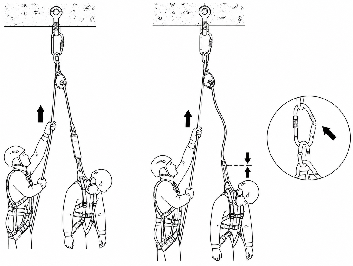 Raise the casualty only a few centimetres: the arrested lanyard must go visibly slack before its connector can be released.