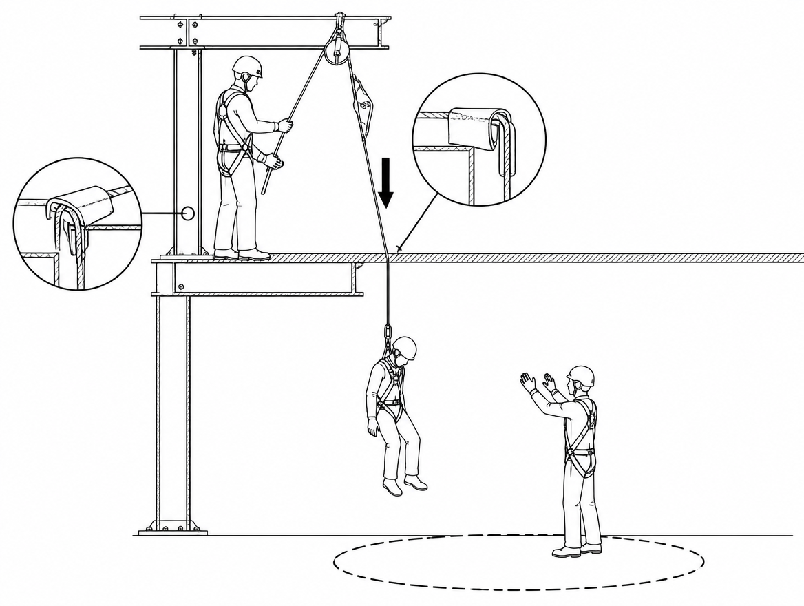 Protect the rope at every hard edge and confirm a clear landing zone with a receiver on the lower level before lowering begins.